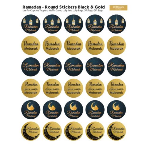 60 Pack of Ramadan Round Stickers | Black & Gold