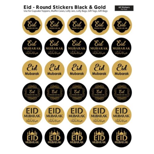 60 Pack of Eid Mubarak Round Stickers | Black & Gold