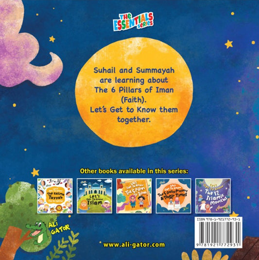 Book cover of 'Let's Get to Know The 6 Pillars of Iman' with colorful illustrations and text.