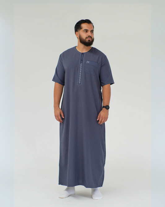 Linen Short Sleeve Thobe | Dark Blue