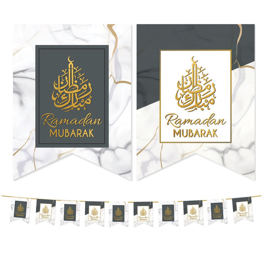 Marble Ramadan Mubarak Flags | Silver & Black