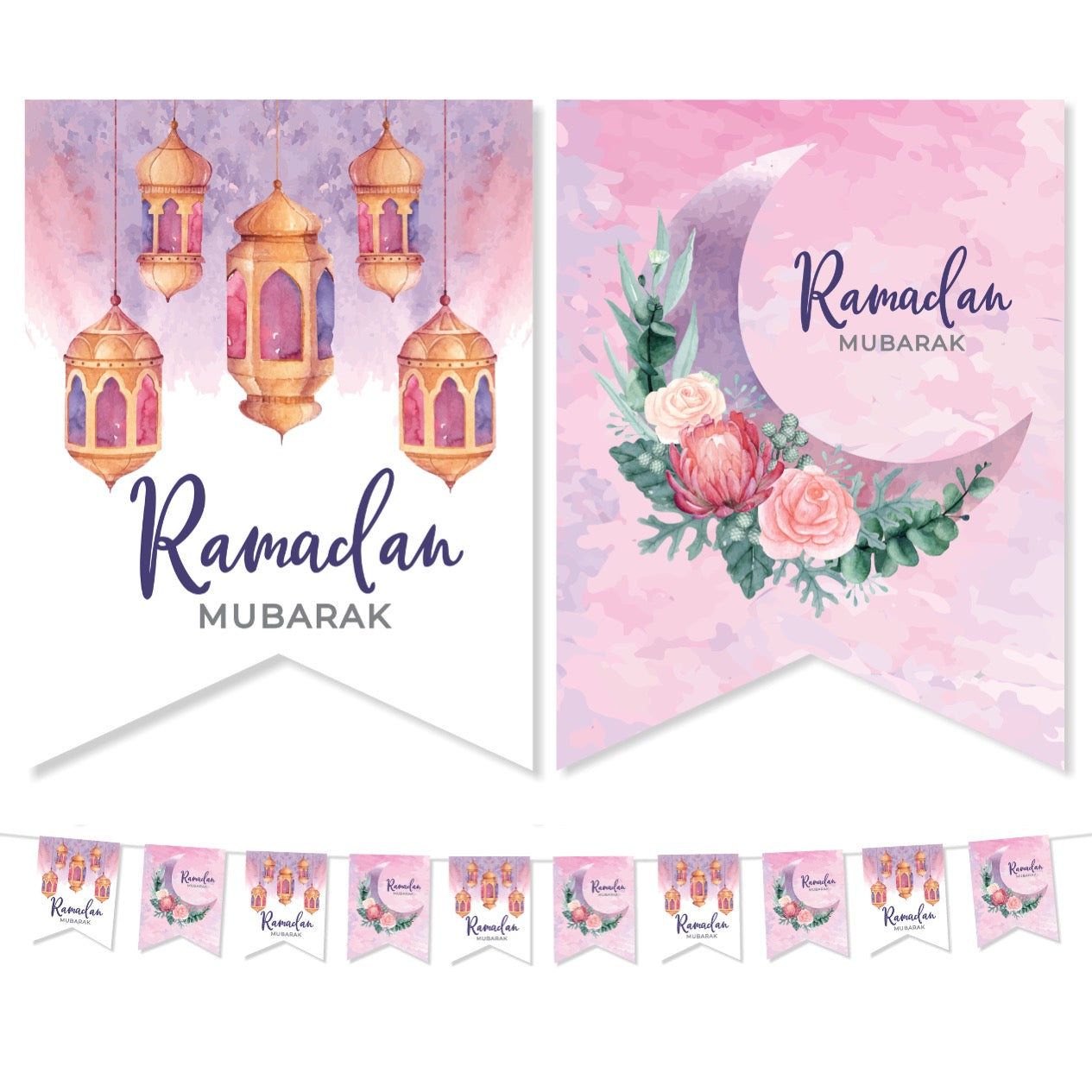 Crescent Watercolour Ramadan Mubarak Flags