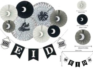 9pc Eid Mubarak Paper Fan Set | Black & Silver