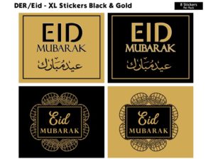 8 Pack of XL Eid Mubarak Stickers | Black & Gold