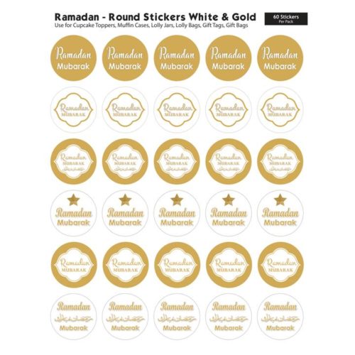 60 Pack of Ramadan Round Stickers | White & Gold