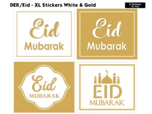 8 Pack of XL Eid Mubarak Square Stickers | White & Gold