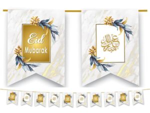 Marble Eid Mubarak Flags | White & Gold