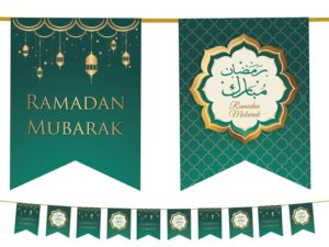 Arabesque Ramadan Mubarak Flags | Green & Gold
