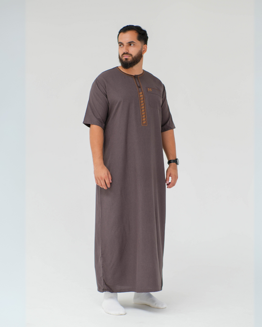 Linen Short Sleeve Thobe | Chocolate