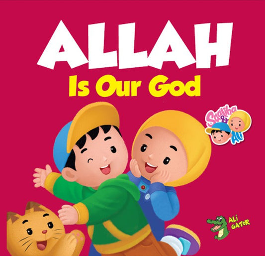 Book cover of 'Allah Is Our God' with colorful illustrations of children and animals on a pink background.