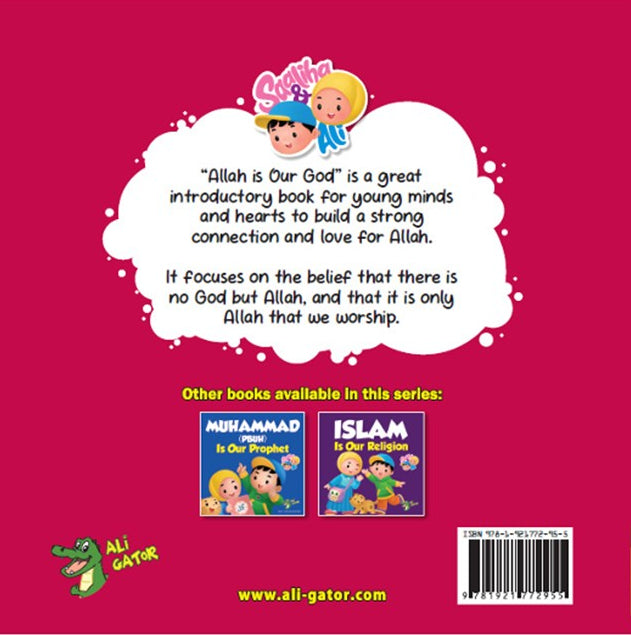 Book cover of 'Allah Is Our God' with colorful illustrations of children and animals on a pink background.