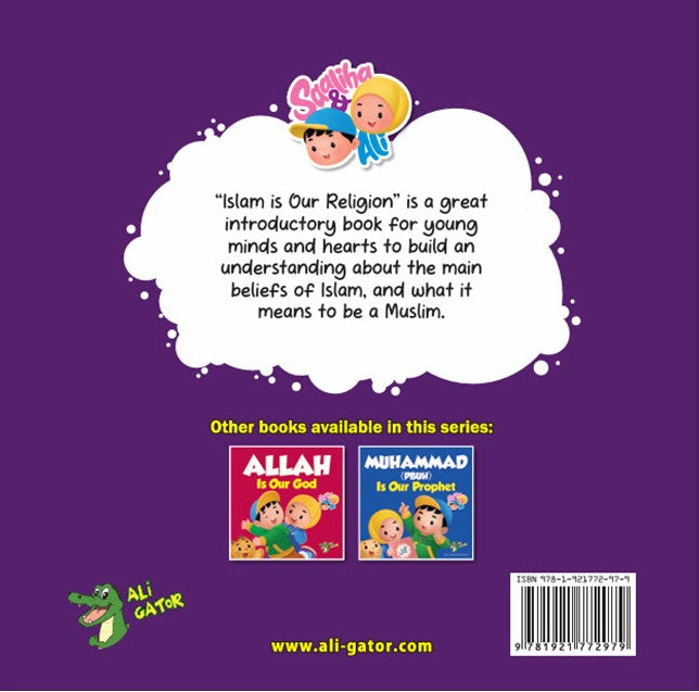 Book cover of 'Islam Is Our Religion' with colorful illustrations and text.