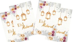4 pack of Eid Mubarak Cards | Flowers with White & Gold