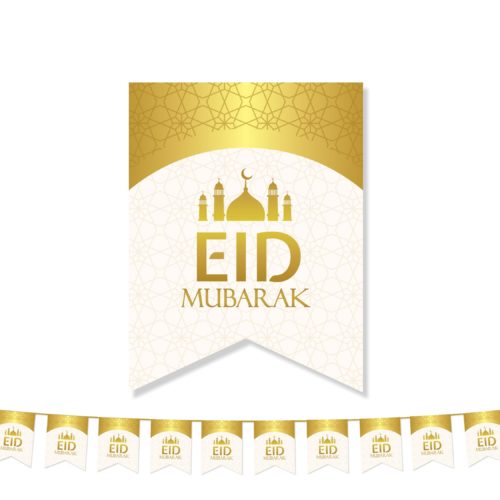 Eid Mubarak Curve Flags |  White & Gold