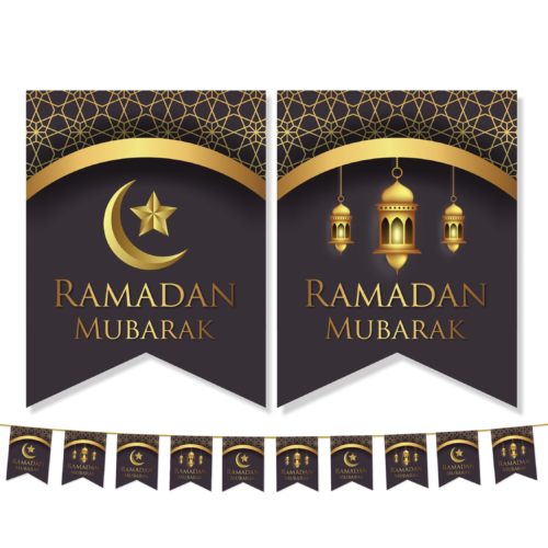 Ramadan Mubarak Curve Flags | Black & Gold