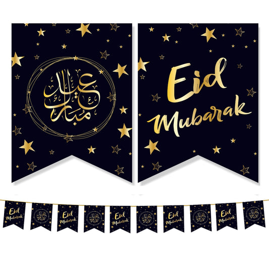 Eid Mubarak Stars Flags | Black & Gold