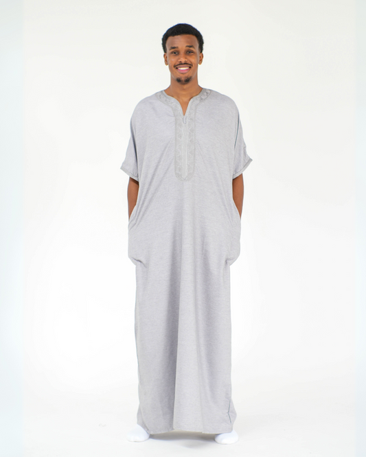 Premium Moroccan Short Sleeve Thobe | Light Grey