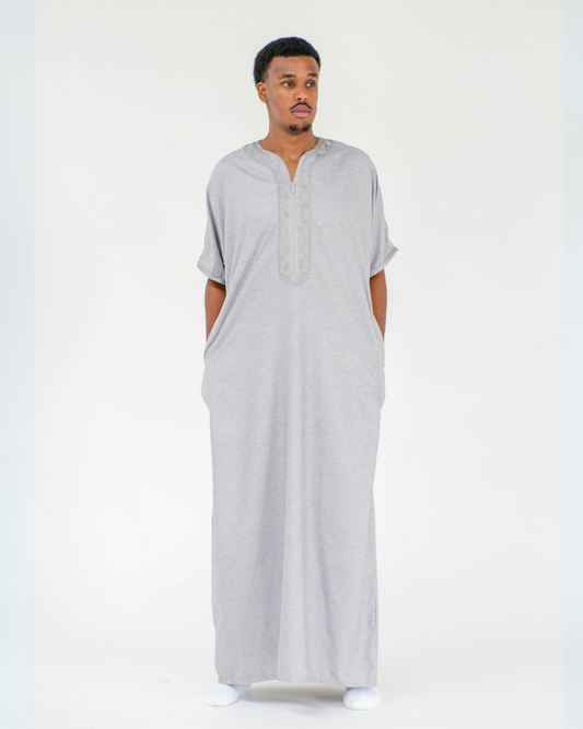 Premium Moroccan Short Sleeve Thobe | Light Grey