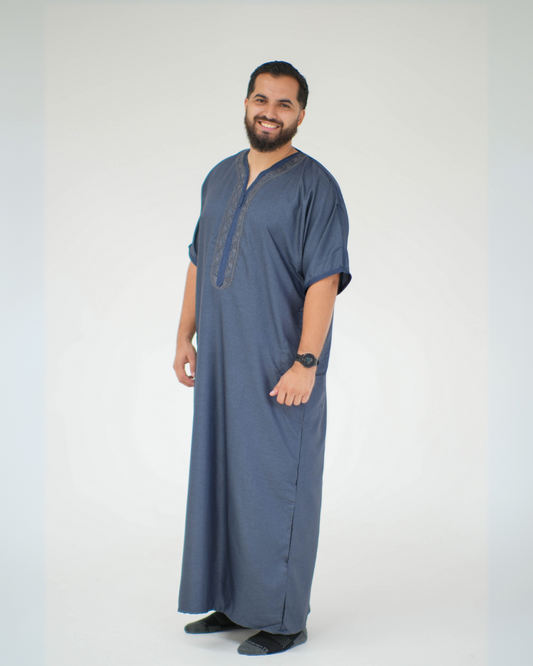 Premium Moroccan Short Sleeve Thobe | Navy