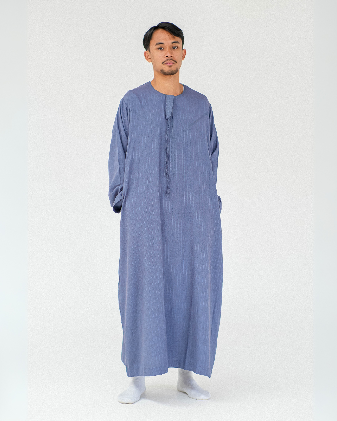 Stripe Omani Long Sleeve Thobe | Dark Blue