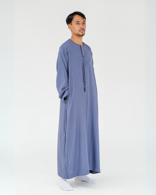Stripe Omani Long Sleeve Thobe | Dark Blue