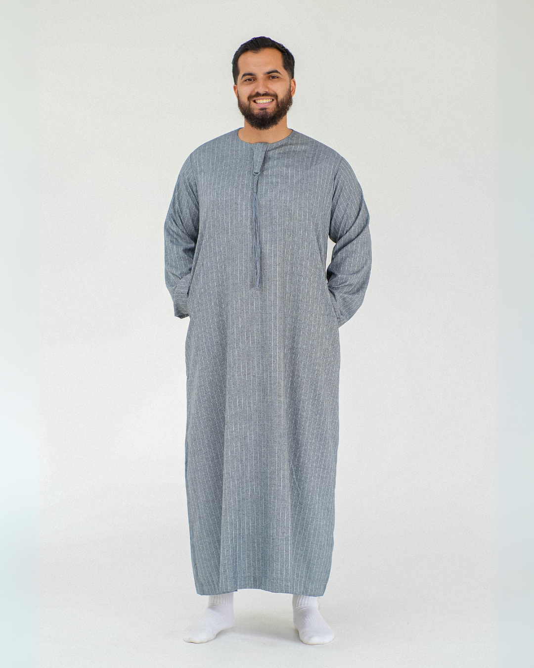 Stripe Omani Long Sleeve Thobe | Dark Grey