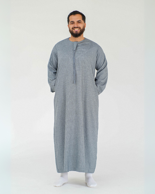Stripe Omani Long Sleeve Thobe | Dark Grey