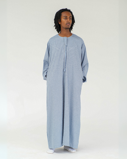 Stripe Omani Long Sleeve Thobe | Light Blue