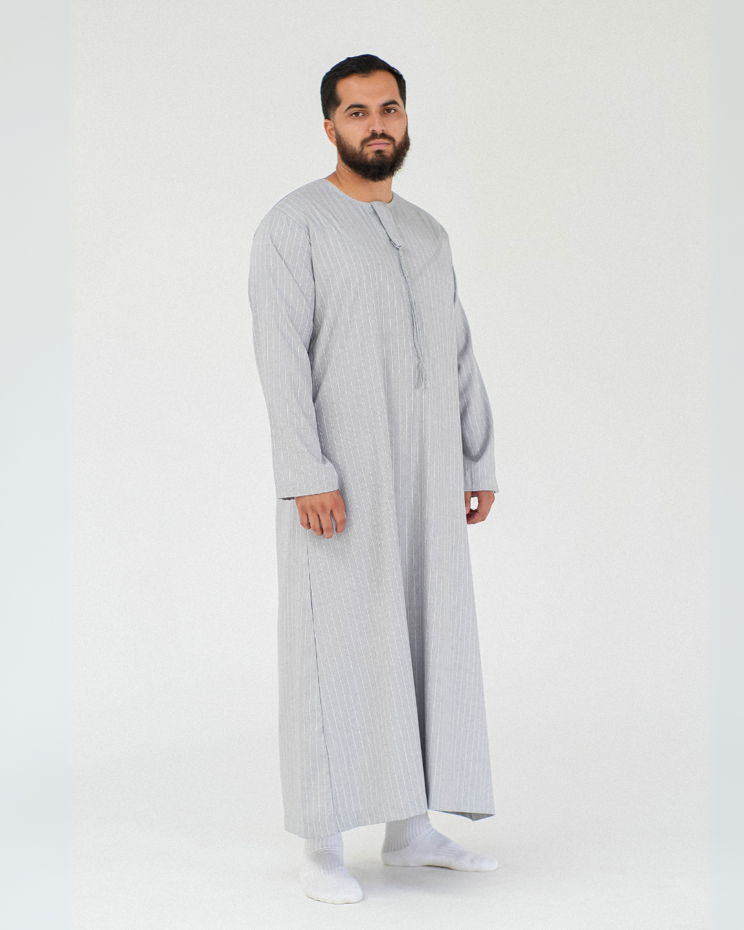 Stripe Omani Long Sleeve Thobe | Light Grey