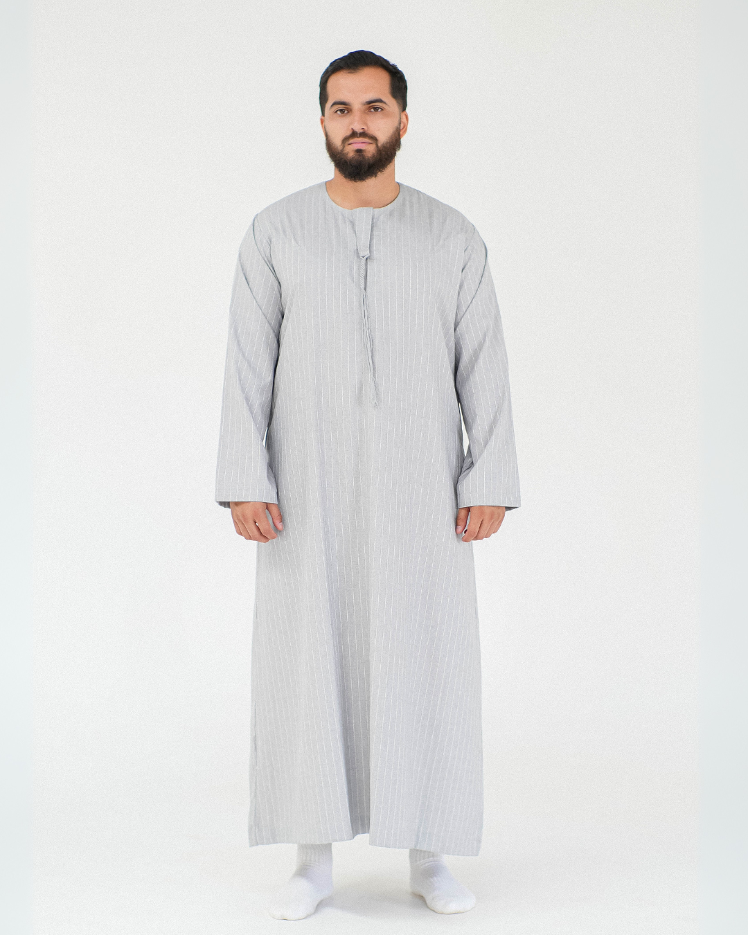 Stripe Omani Long Sleeve Thobe | Light Grey