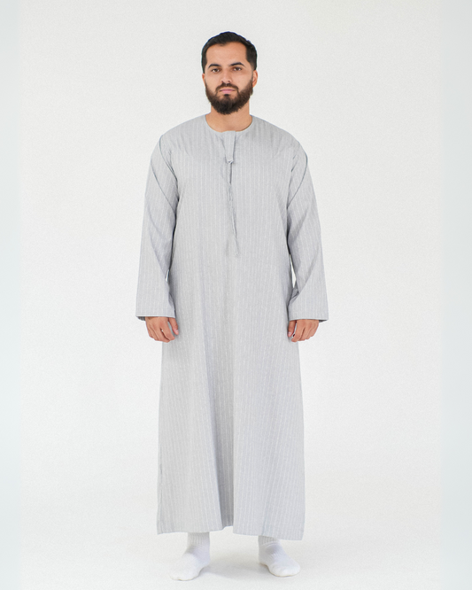 Stripe Omani Long Sleeve Thobe | Light Grey