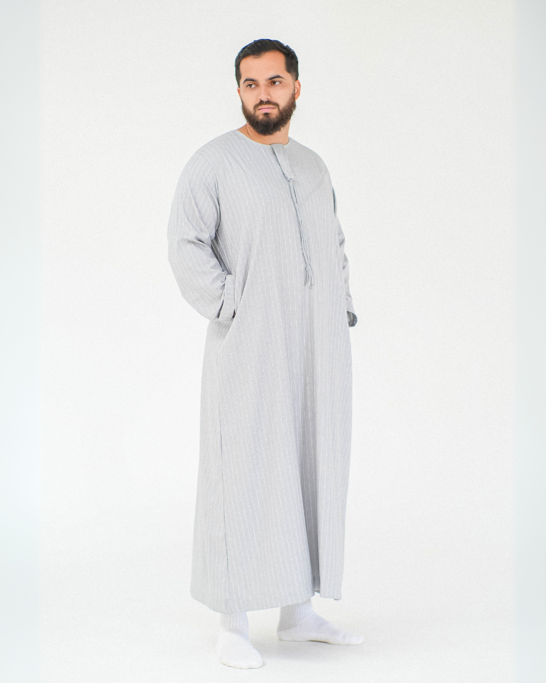 Stripe Omani Long Sleeve Thobe | Light Grey