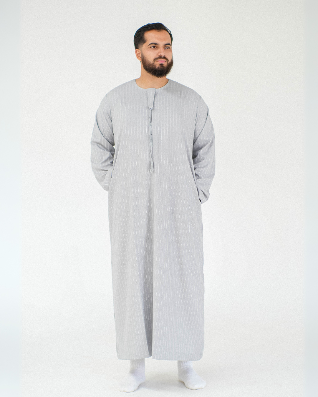 Stripe Omani Long Sleeve Thobe | Light Grey