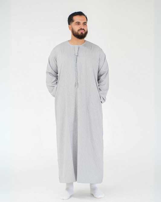 Stripe Omani Long Sleeve Thobe | Light Grey