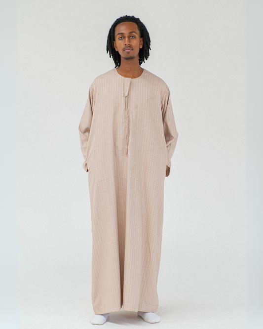 Stripe Omani Long Sleeve Thobe | Tan