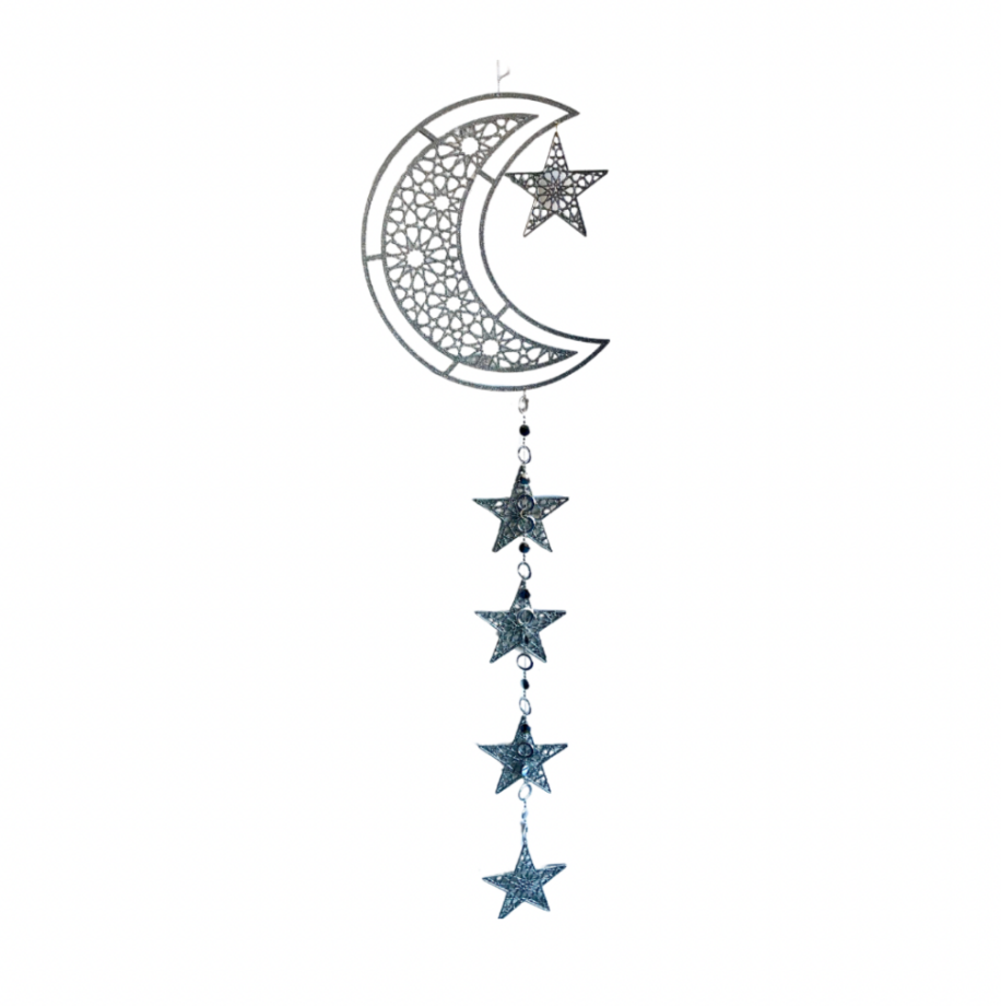Crescent with Stars Silver Glitter Wall Hanging