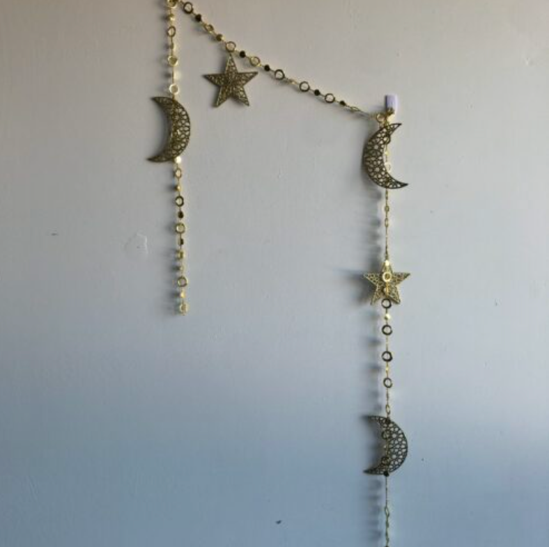 Crescent with Stars Gold Glitter Wall Hanging