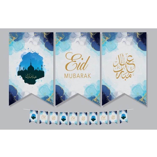 Watercolour Eid Mubarak Flags | Blue, White & Gold