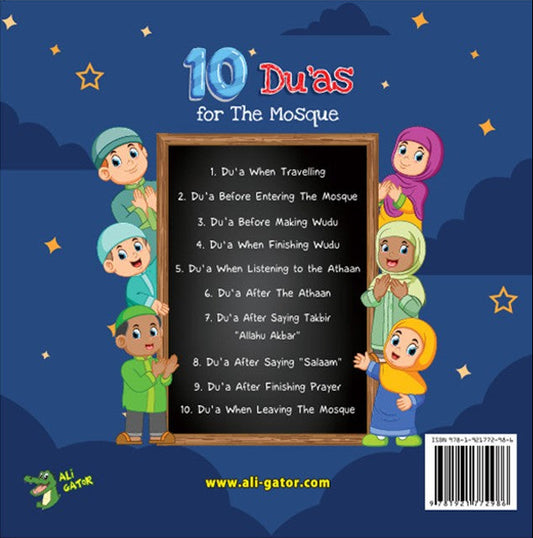 Book cover of '10 Duas for The Mosque' with children and mosque illustration on a blue background